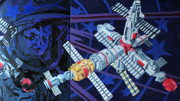 Oil painting of astronaut, space station and Sputnik